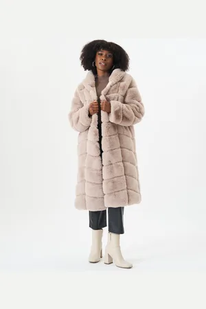 Gini London Womens Panelled Hooded Longline Fur Coat - - Size L/XL