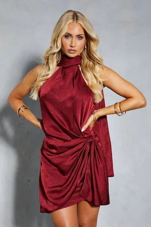 MissPap Womens Textured Satin Scarf Detail Ruched Wrap Mini Dress - - Size 6 UK
