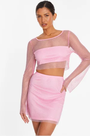 Quiz Womens Diamante Embellished Mesh Crop Top - Size Large