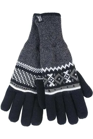 Heat Holders Mens Striped Nordic Fairisle Zig Zag Knitted Fleece Lined Warm Gloves - - Size X-Small/Small
