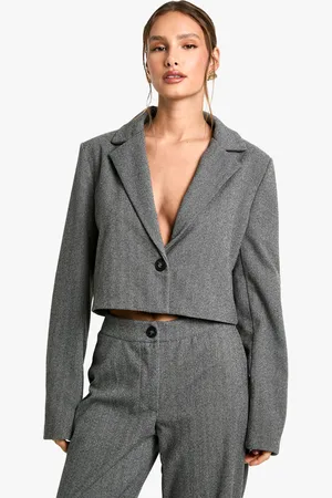 Boohoo Womens Herringbone Tailored Cropped Blazer - - Size 12 UK