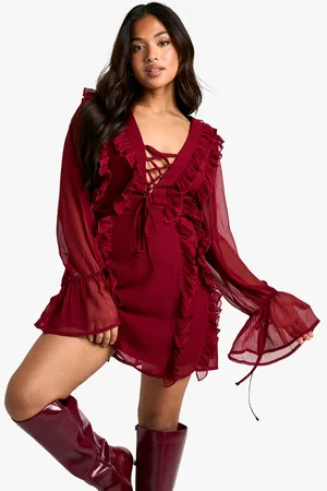 Boohoo Womens Petite Crinkle Chiffon Ruffle Shift Dress - - Size 10 UK