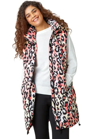 Roman Womens Animal Print Longline Hooded Gilet - - Size 12 UK