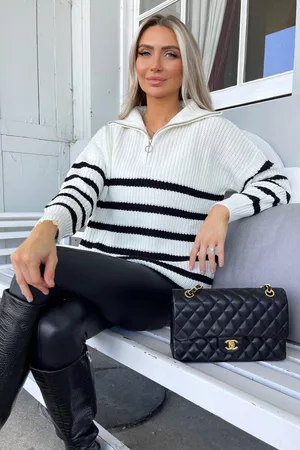 Ax Paris Womens And Black Zip Front Striped Knitted Jumper - Size Medium/Large