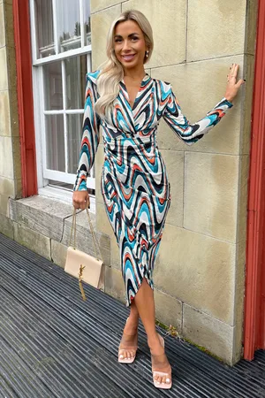 Ax Paris Womens Printed Long Sleeve Wrap Midi Dress - Size 8 UK