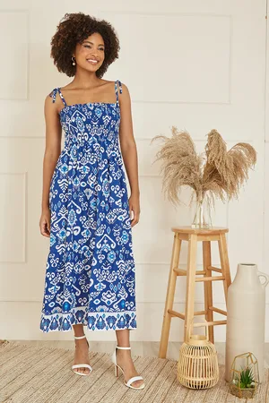 Yumi Womens Ikat Print Midi Sun Dress Cotton - Size 18 UK