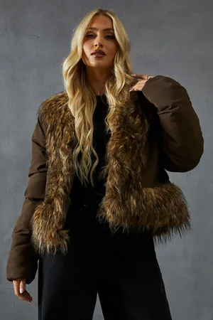 MissPap Womens Faux Fur Trim Puffer Coat - - Size 6 UK