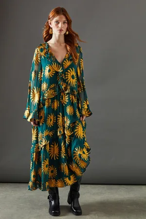 warehouse Womens Sun Metallic Jacquard Frill Front Smock Midi Dress - - Size 10 UK