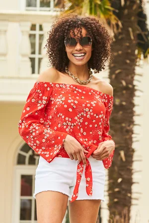 Sosandar Womens Red & White Daisy Print Tie Front Bardot Top - Leather - Size 6 UK