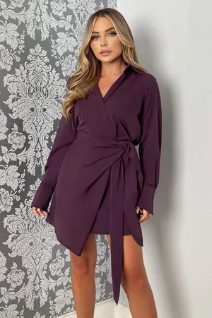 Ax Paris Womens Plum Tie Wrap Long Sleeve Mini Dress - - Size 8 UK