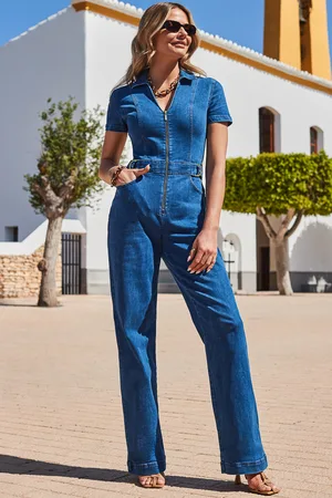 Sosandar Womens Indigo Zip Front Wide Leg Denim Jumpsuit - Size 6 Regular