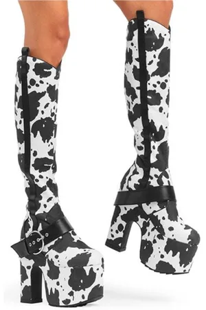 Lamoda Womens KneeHighBoots Rhinestone Cowboy Pointed Toe Platform Heel w/ Zip,Cowprint - - Size UK 4