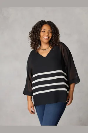 Live Unlimited London Womens Black Stripe Chiffon V-Neck Overlay Top - - Size 12 UK
