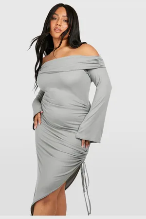 Boohoo Womens Plus Soft Rib Off Shoulder Ruched Split Dress - - Size 26 UK