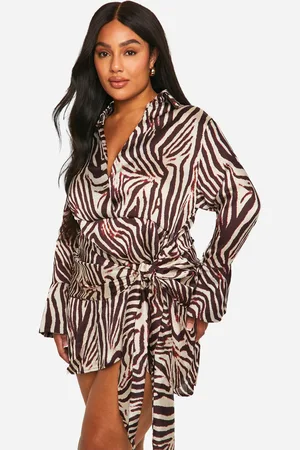 Boohoo Womens Plus Animal Print Tie Waist Shirt Wrap Dress - - Size 26 UK