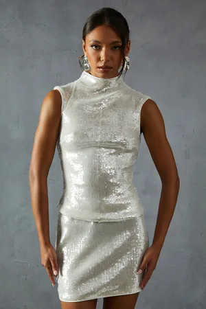 MissPap Womens Sequin Sleeveless Grown On Neck Longline Top - - Size 10 UK