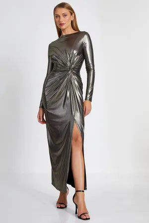 Quiz Womens Gold Foil Ruched Maxi Dress - - Size 10 UK
