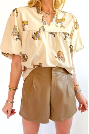 Azura Exchange WoMens Leopard Print Blouse - Cream Casual Puff Sleeve V-Neck Top with All-Over Animal Trendy for Women - Relaxed Fit - - Size X-Large