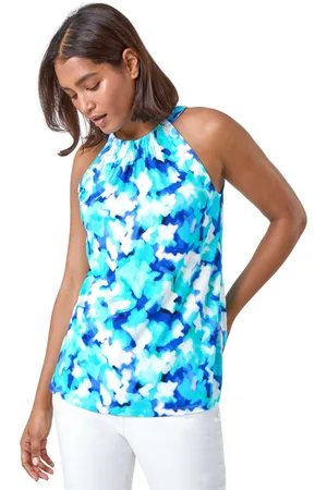 Roman Womens Abstract Print Stretch Halter Neck Top - - Size 20 UK
