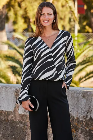 Sosandar Womens & Black Abstract Print Wrap Front Blouse - Size 8 UK