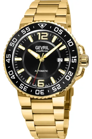 Gevril Mens RiverSide Swiss Automatic Watch, IPYG Bezel, Black Ceramic Ring, Glossy Dial, Stainelss Steel Bracelet - - One Size