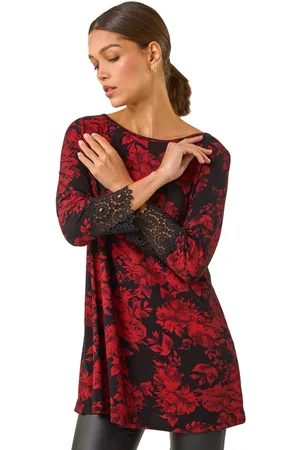 Roman Womens Floral Print Lace Trim Stretch Top - - Size 10 UK