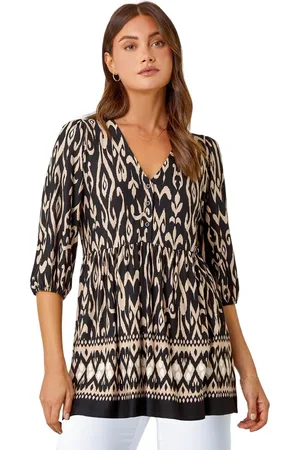 Roman Womens Aztec Print V-Neck Stretch Tunic Smock Top - - Size 12 UK
