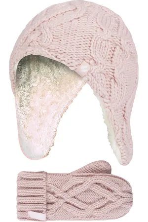 Heat Holders Girls Majestic Soft Cosy Cable Knitted Design Bobble Trapper Hat and Mittens Gloves Set - Dusky - Size 4-6Y