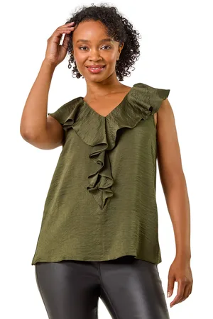 Roman Womens Petite Frill Front V-Neck Top - - Size 8 UK