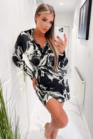 Ax Paris Womens And Cream Marble Print Wrap Shirt Mini Dress - Size 8 UK