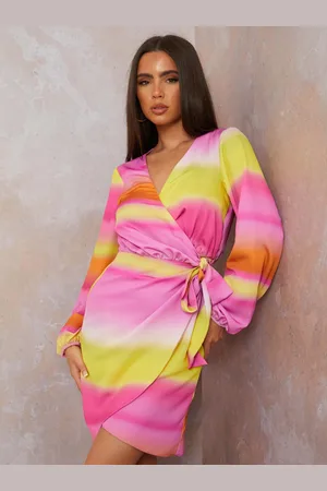 Chi Chi London Womens Long Sleeve Satin Ombre Wrap Mini Dress in Multi - - Size 10 UK