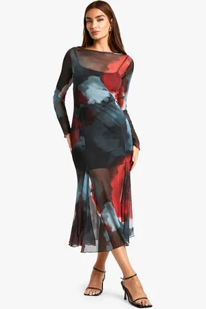 Boohoo Womens Slash Neck Floral Mesh Print Godet Hem Midaxi Dress - - Size 14 UK