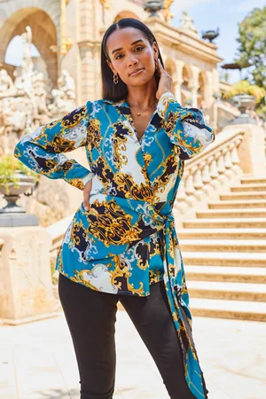 Sosandar Womens Teal Multi Print Wrap Front Top - - Size 10 UK
