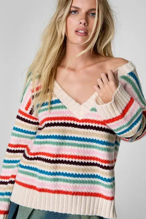 NASTY GAL Womens Multi Striped V-Neck Sweater - - Size Large