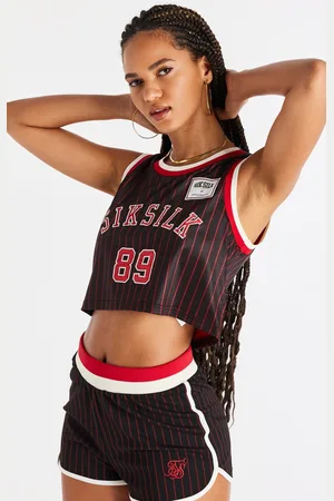 SikSilk Womens Basketball Cropped Vest in Black Red - Size 6 UK
