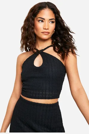 Boohoo Womens Petite Textured Halter Keyhole Crop Top - - Size 12 UK