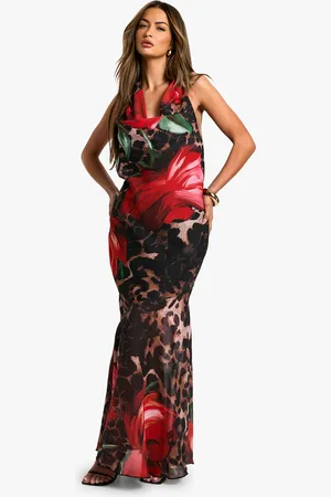 Boohoo Womens Leopard Floral Mix Chiffon Halterneck Maxi Dress - - Size 12 UK