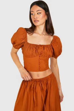Boohoo Womens Tall Poplin Button Milkmaid Crop Top - Cotton - Size 14 UK