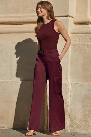 Sosandar Womens Petite Burgundy Wide Leg Cargo Trousers - - Size 20 UK