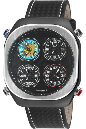 GV2 by Gevril Mens Quattro Zone, IPBK Case, dial, 4 time sub w/Red Stitching Handmade Italian Leather Strap - One Size