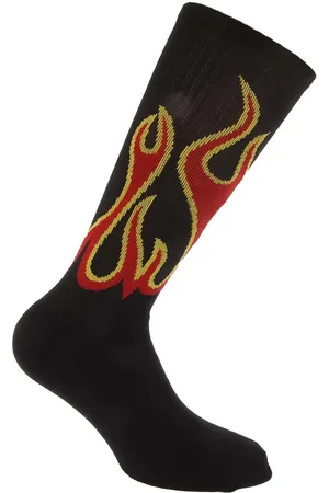 Palm Angels Mens Burning Socks in Black Red Cotton - Size L/XL