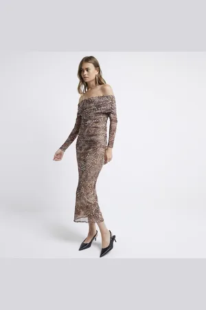 River Island Womens Bardot Midi Dress Leopard Print Mesh - Size 10 UK