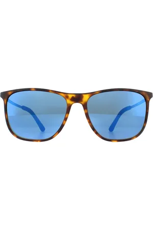 Police Rectangle Mens Havana Rubberized Blue Sunglasses - - One Size