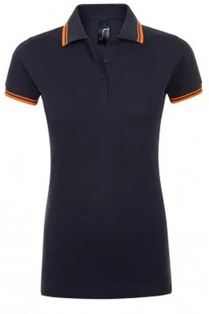 Sols Womens/Ladies Pasadena Tipped Short Sleeve Pique Polo Shirt (French Navy/Neon Orange) - Cotton - Size 2XL