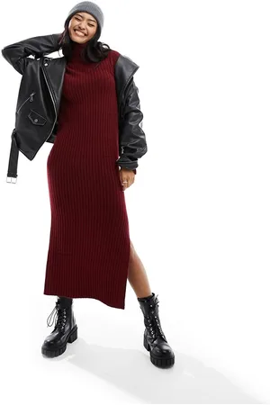 ASOS Womens knitted maxi dress with high neck and side split in dark - Size 6 UK