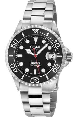 Gevril Mens Wall Street Black Enamel Dial, Ceramic Bezel, 316L Stainless Steel Bracelet Watch. - - One Size