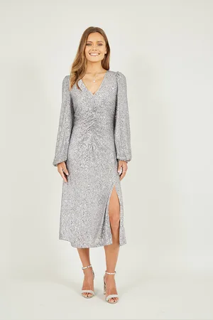 Yumi Womens Sequin Ruched Front Long Sleeve Midi Dress - Size 8 UK