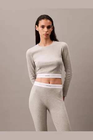 Calvin Klein MODERN RIB Womens Long-Sleeve Crop Top Crew Heather - Size Large