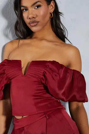 MissPap Womens Textured Satin Pleated Bust Frill Bardot Top - - Size 12 UK