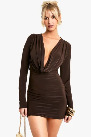 Boohoo Womens Square Neck Long Sleeve Slinky Bodycon Dress - - Size 6 UK